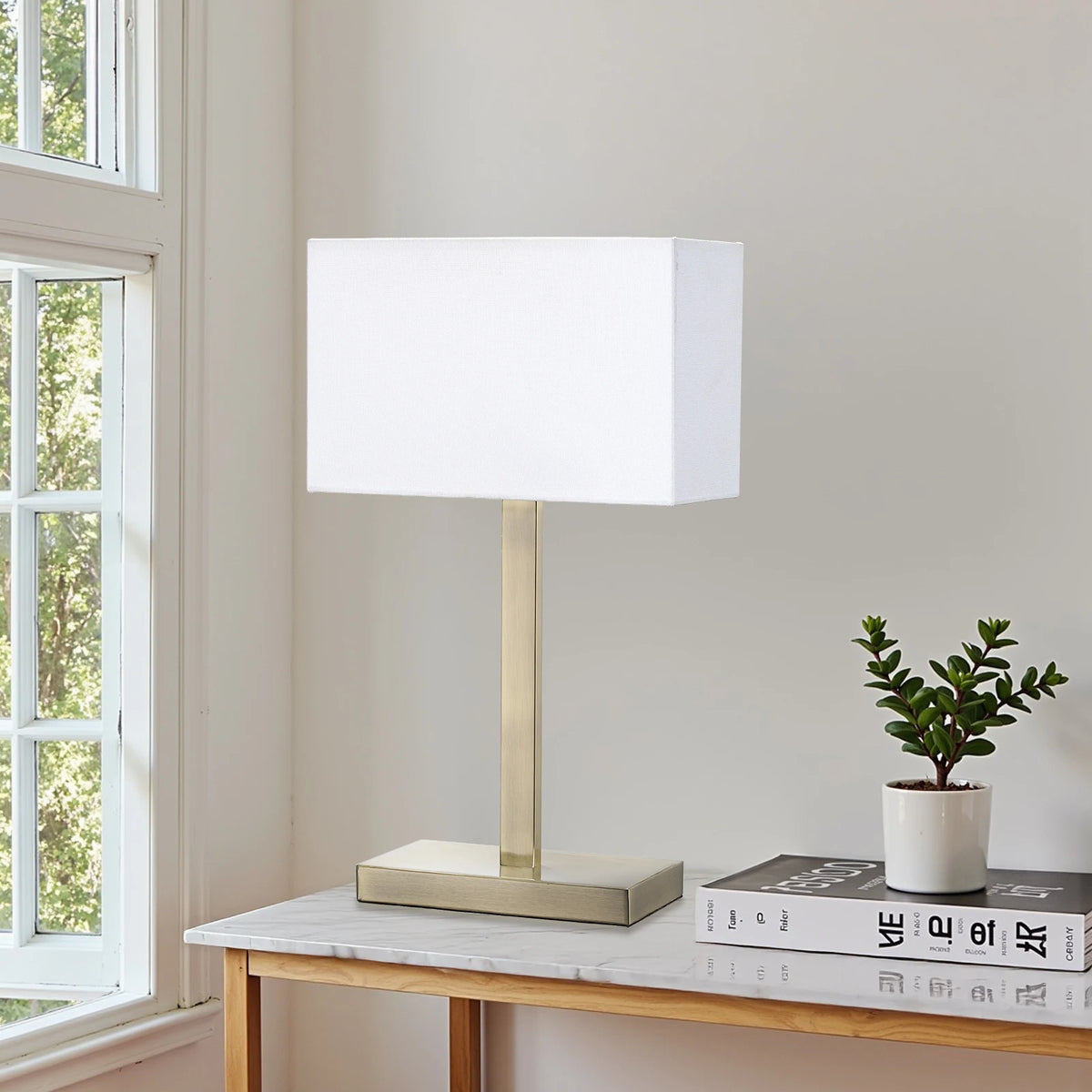 Lampe à Poser Abat-Jour Lin Blanc Base Métal — LIN