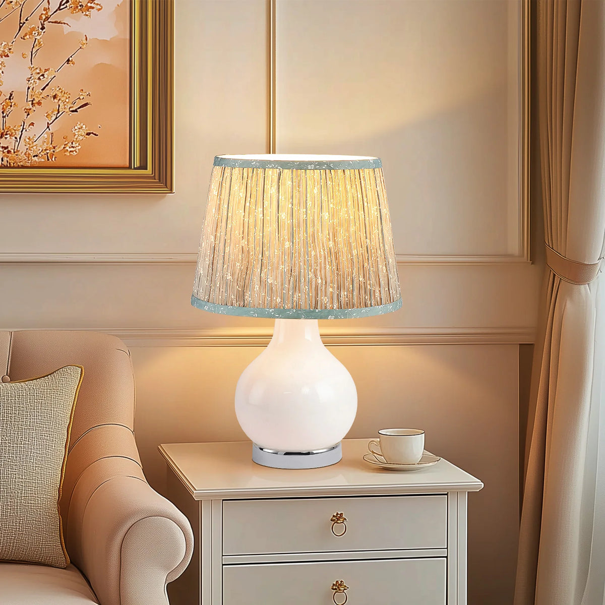Lampe à Poser Verre et Abat-Jour Fleuri Vert — FLORE