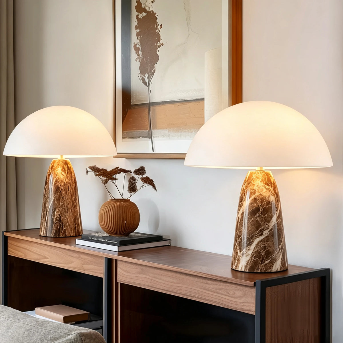 Lampe à Poser Dôme Métal Noir Effet Marbre — COUPOLE