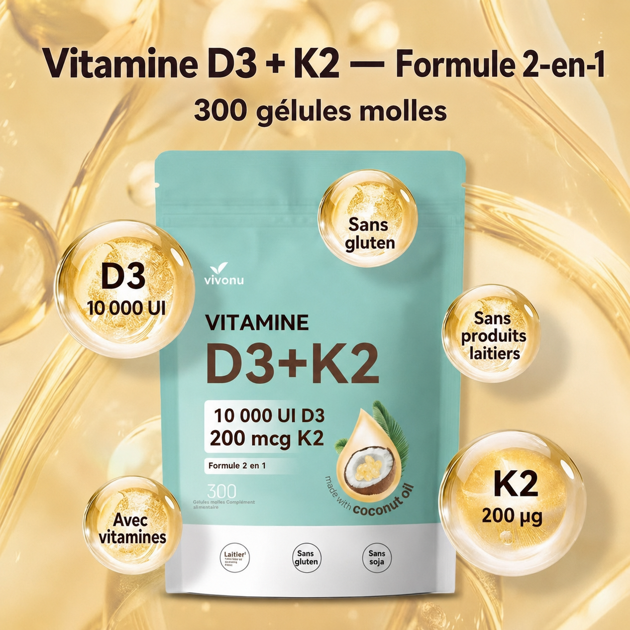 Formule en français Vitamine D3 10000 UI et K2 200 microgrammes, 300 capsules