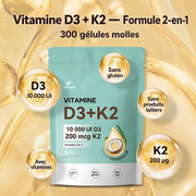 Formule en français Vitamine D3 10000 UI et K2 200 microgrammes, 300 capsules