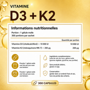 Informations nutritionnelles Vitamine D3 10000 UI et K2 200 microgrammes, 300 capsules