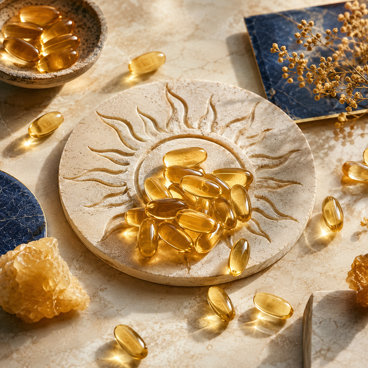 Capsules dorées sur un motif solaire