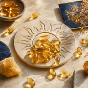 Capsules dorées sur un motif solaire