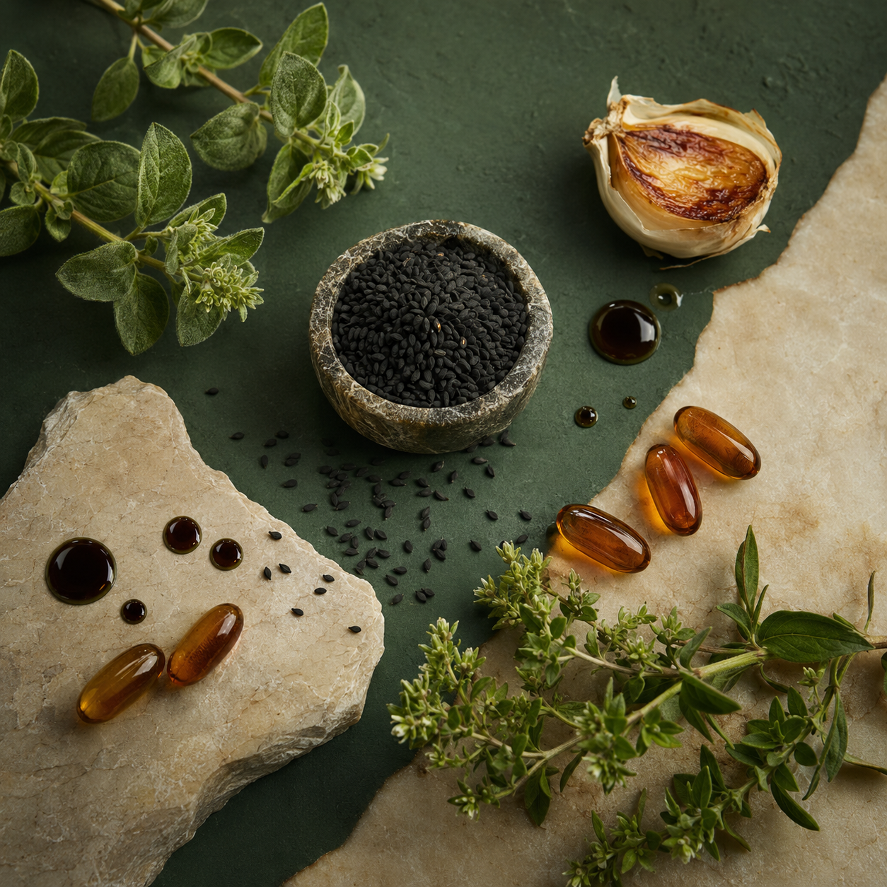 Nigelle, origan, ail et capsules d’huile