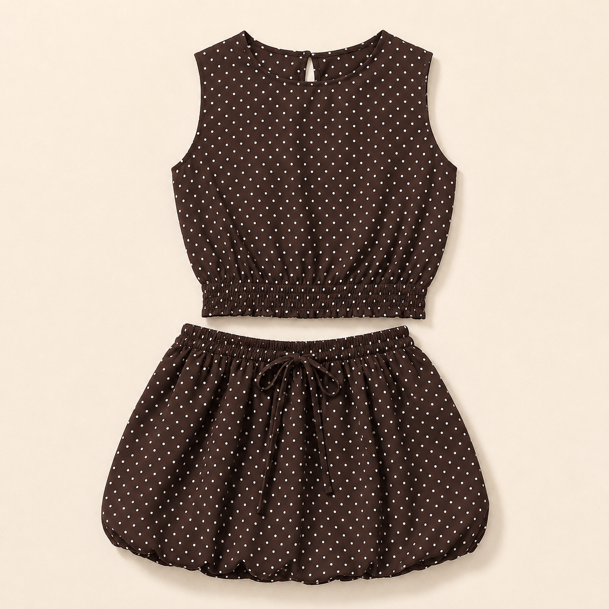 Ensemble Mila à pois marron — top court et jupe boule