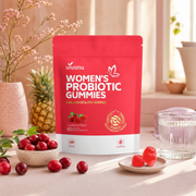 Gummies probiotiques à la canneberge dans un décor fruité