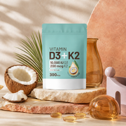 Vitamine D3 et K2 300 capsules dans un décor coco