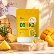 Vitamine D3 et K2 60 gummies dans un décor mangue ananas
