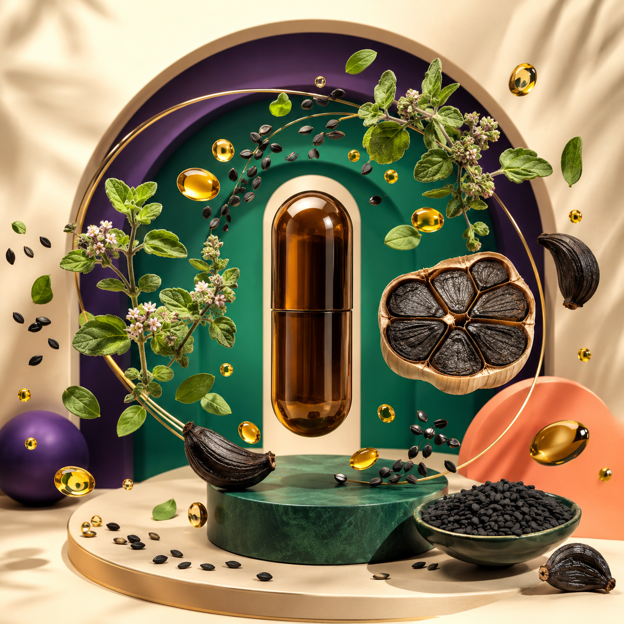 Univers 3D origan, nigelle et capsules