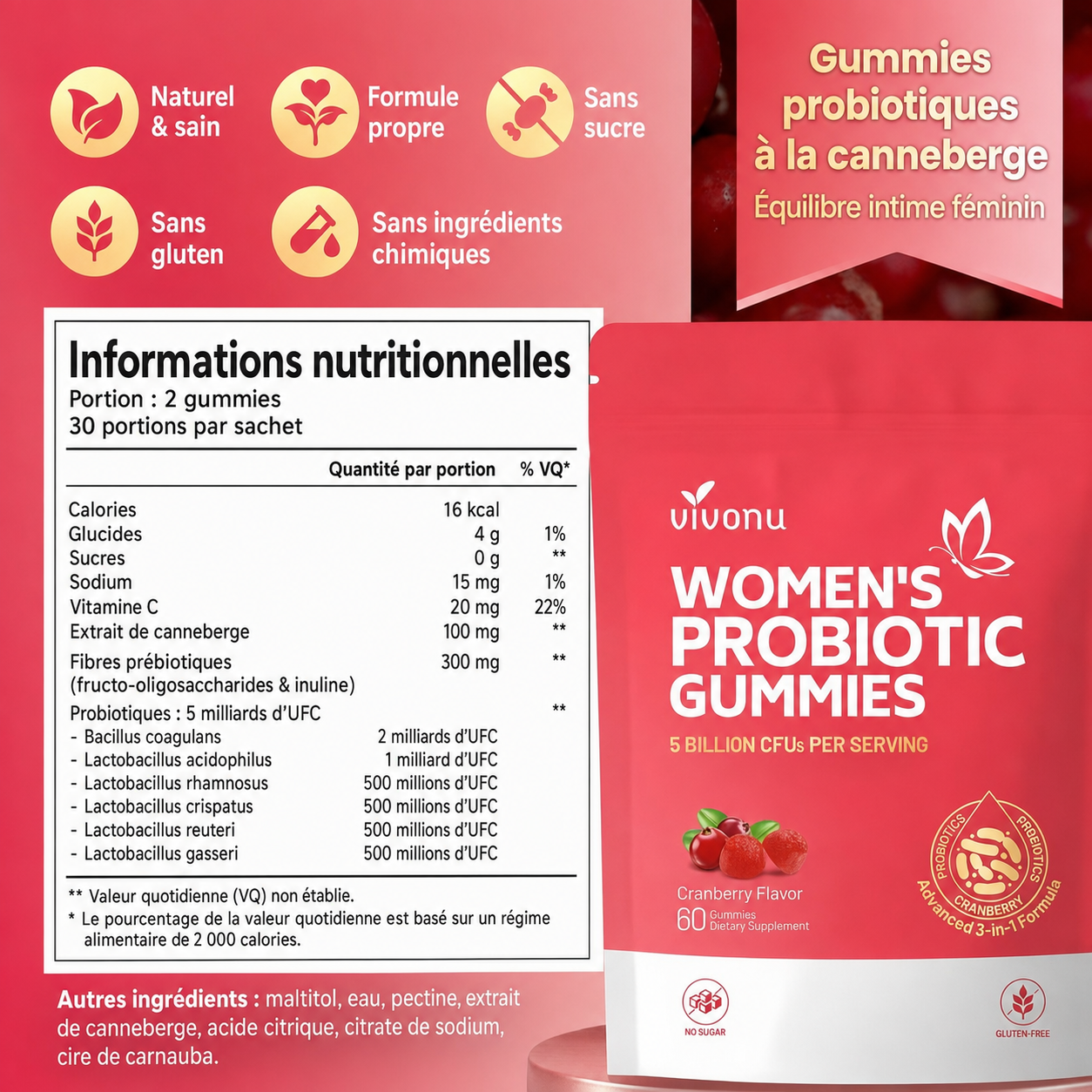 Informations nutritionnelles en français des gummies probiotiques à la canneberge