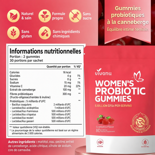 Informations nutritionnelles en français des gummies probiotiques à la canneberge