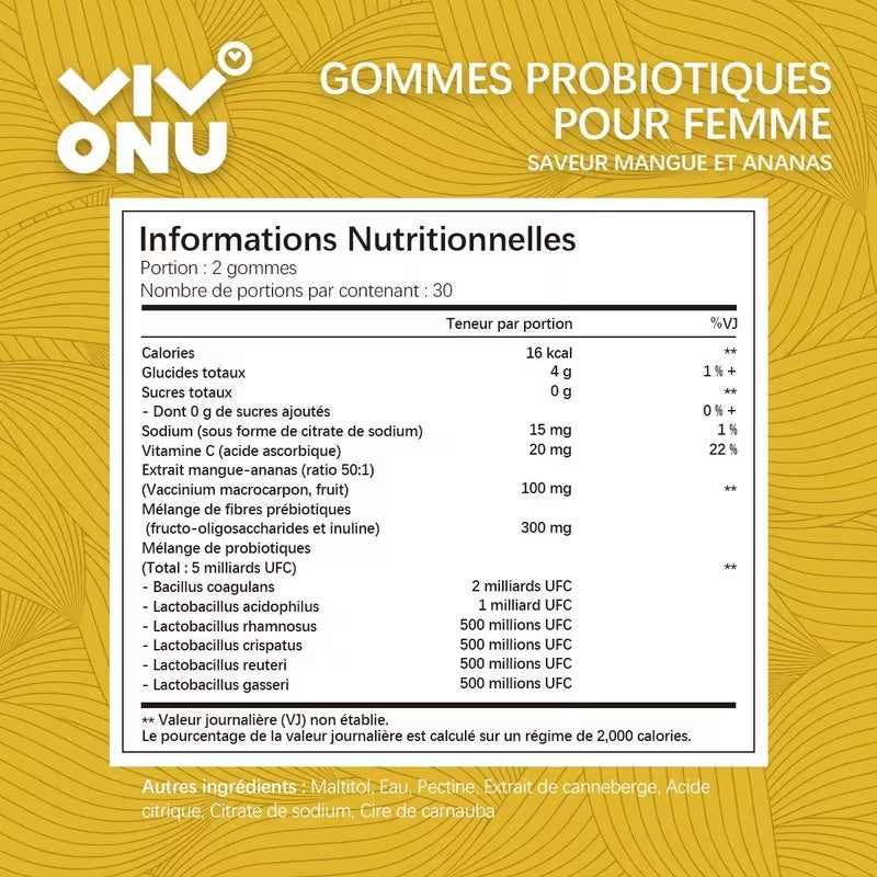 Informations nutritionnelles en français des gummies probiotiques mangue-ananas