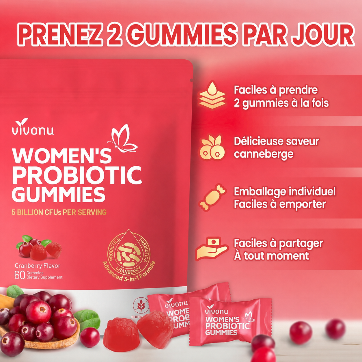 Conseils d’utilisation en français des gummies probiotiques à la canneberge