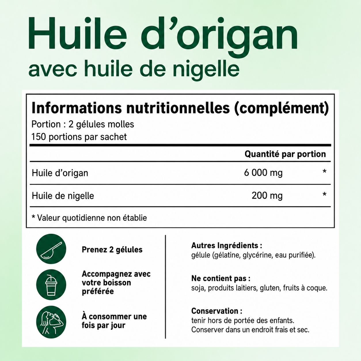 Informations nutritionnelles en français huile d’origan et huile de nigelle