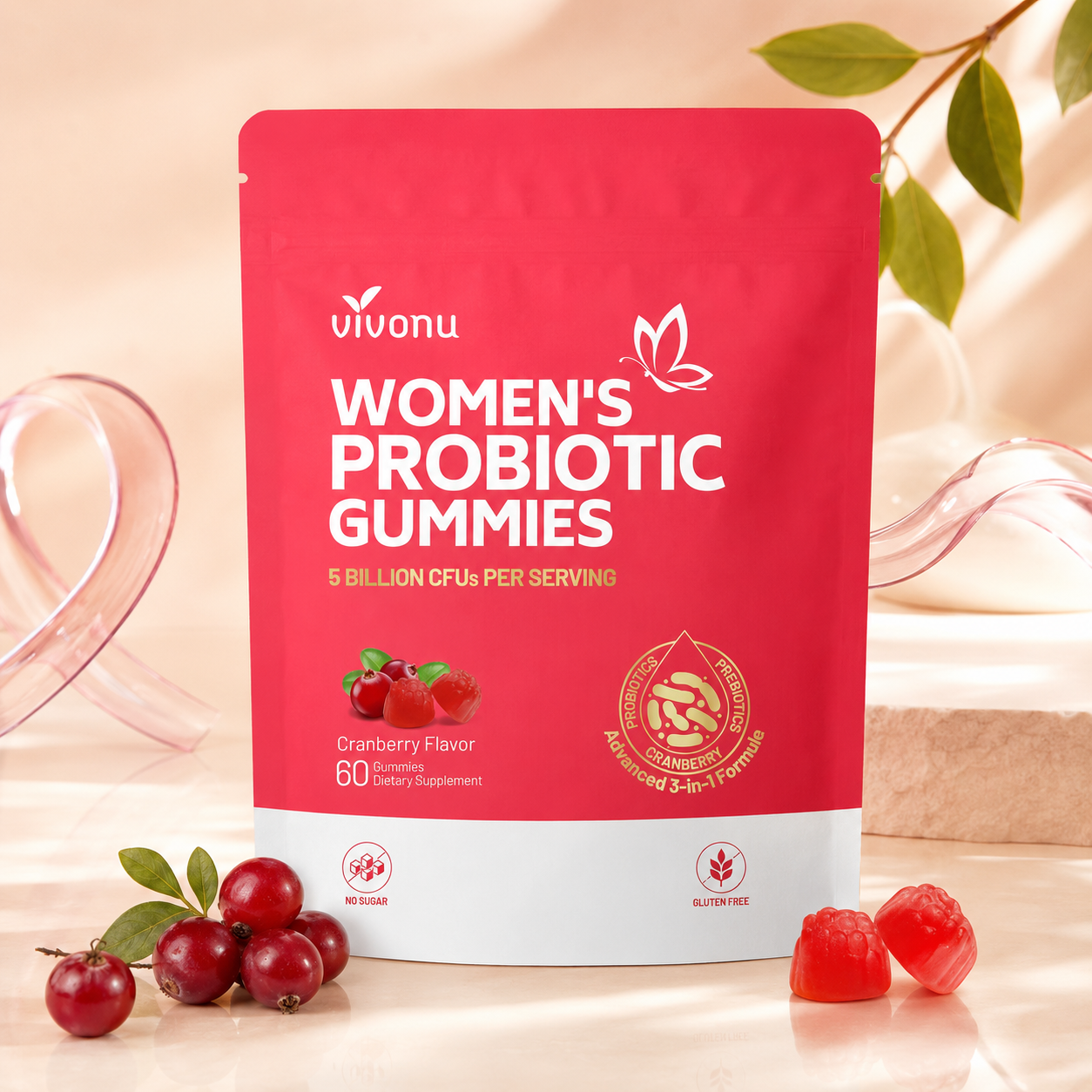 Gummies probiotiques femme à la canneberge dans un décor fruité