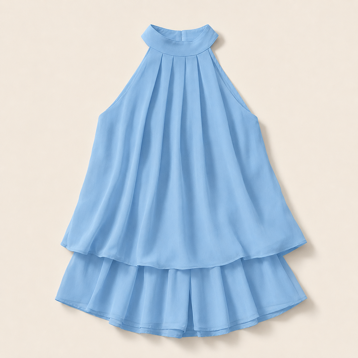 Robe courte Solène bleu ciel à col montant