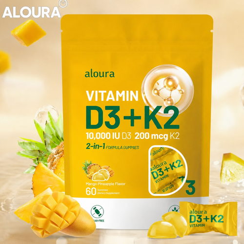 Gummies vitamine D3 + K2 MK7 Aloura, goût mangue et ananas, sachet de 60
