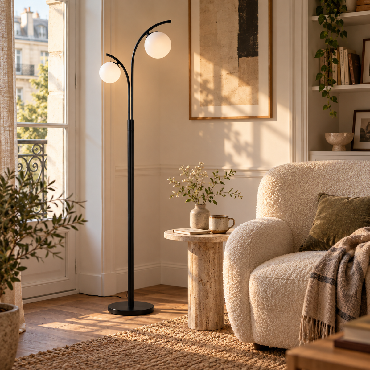 Lampadaire 2 Globes Blancs Pied Noir 160 cm — BALISE — mise en situation naturelle