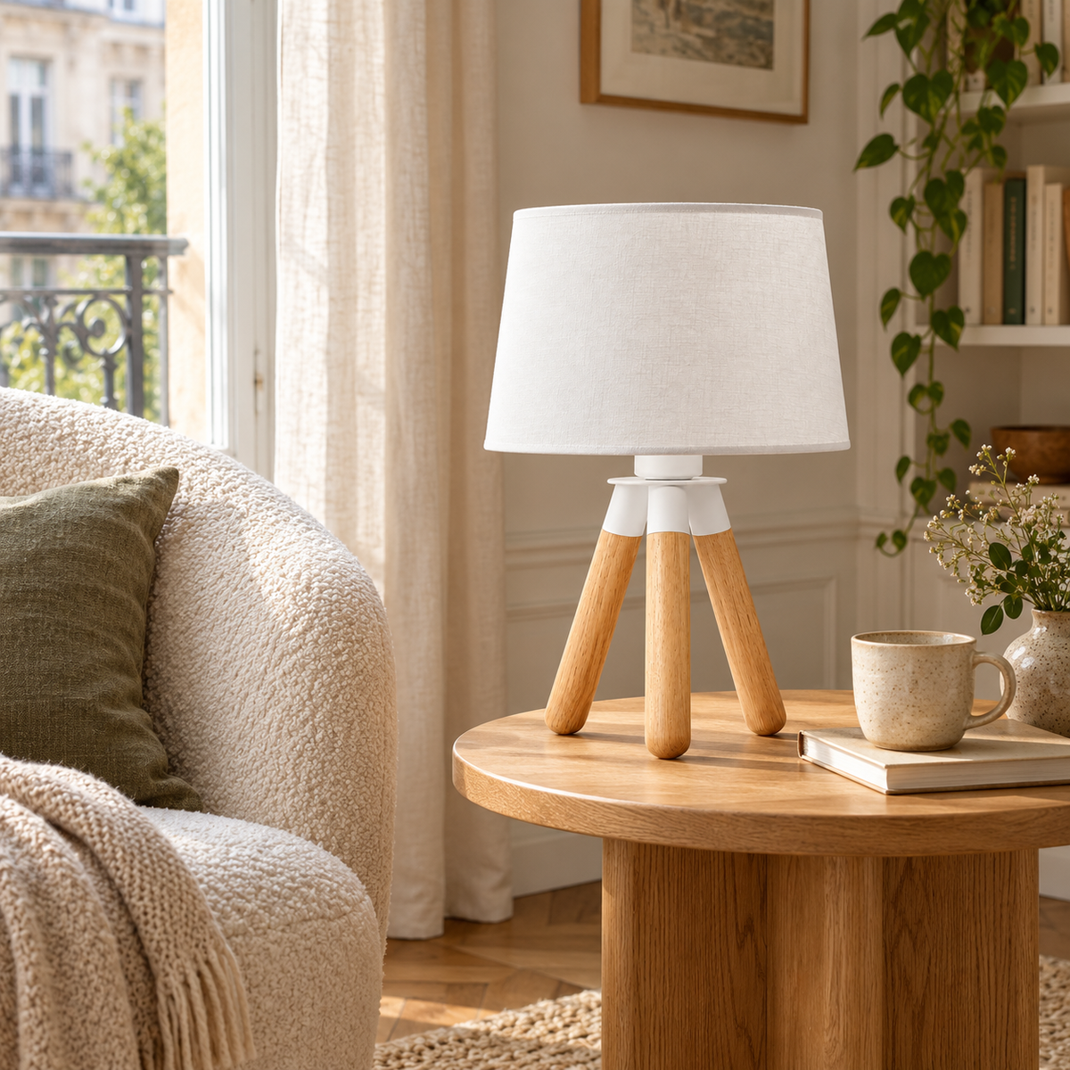 Lampe à Poser Bois et Lin Trépied Chambre — BOULEAU — mise en situation naturelle