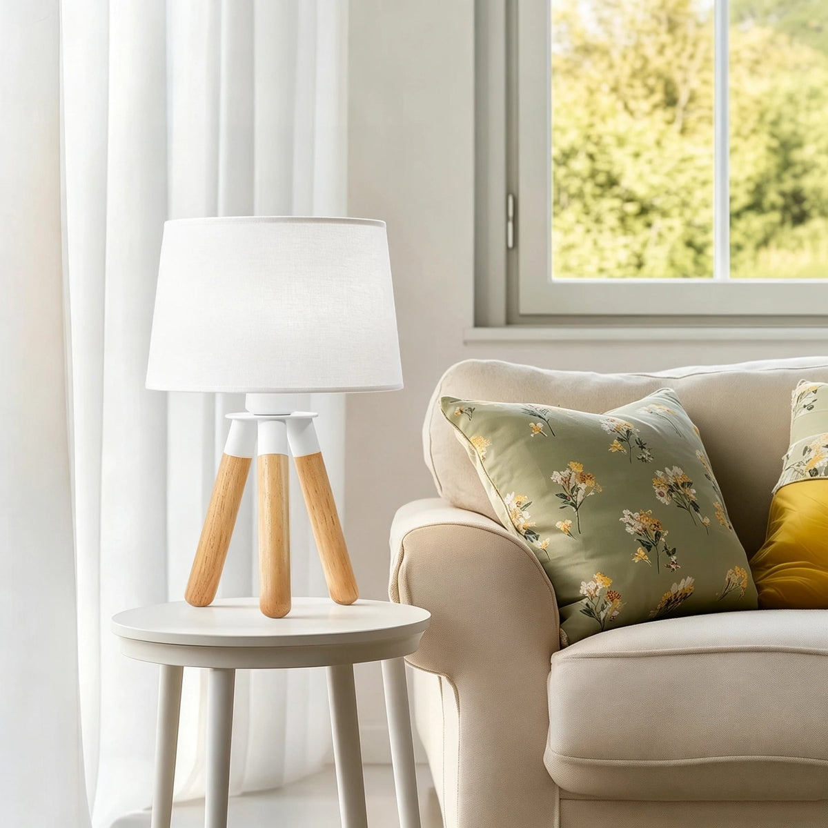 Lampe à Poser Bois et Lin Trépied Chambre — BOULEAU — mise en situation naturelle