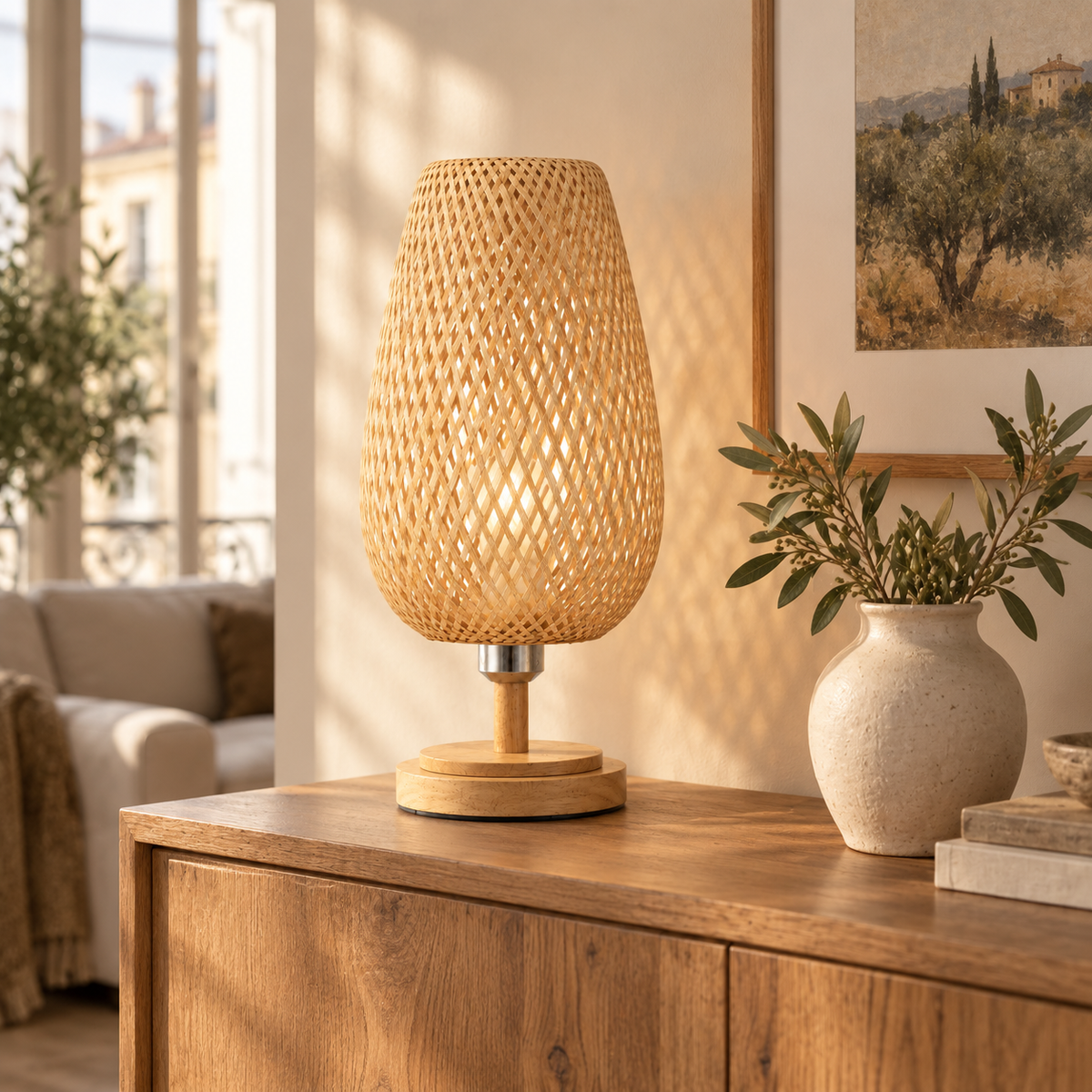 Lampe à poser en rotin et bambou tressé NATSU, autre vue en situation