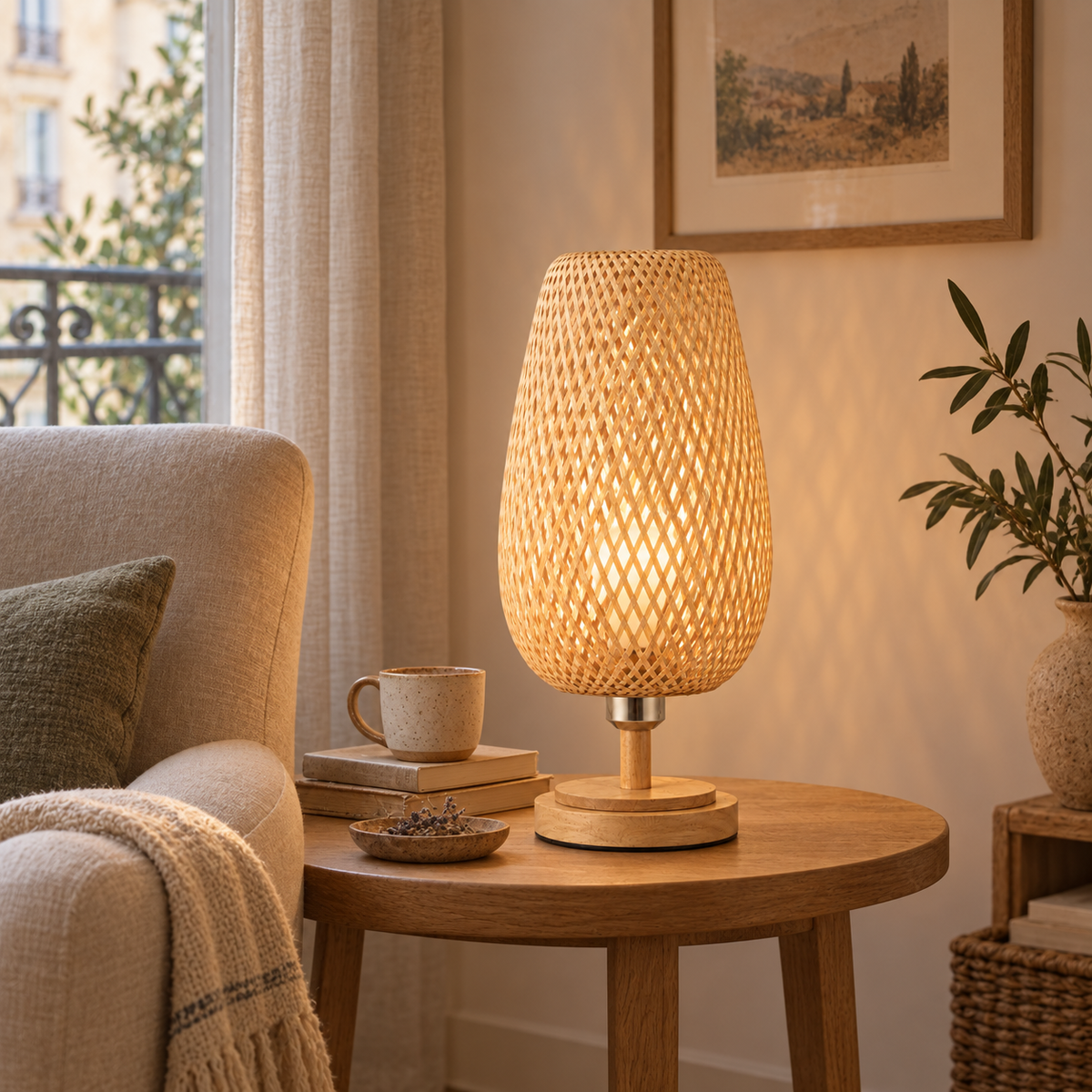 Lampe à poser en rotin et bambou tressé NATSU, vue de détail du tressage