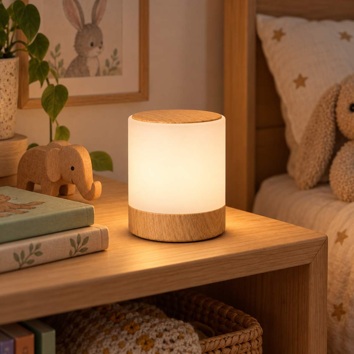 Lampe de Chevet Sans Fil Rechargeable RGB Bois — BRUME — mise en situation naturelle