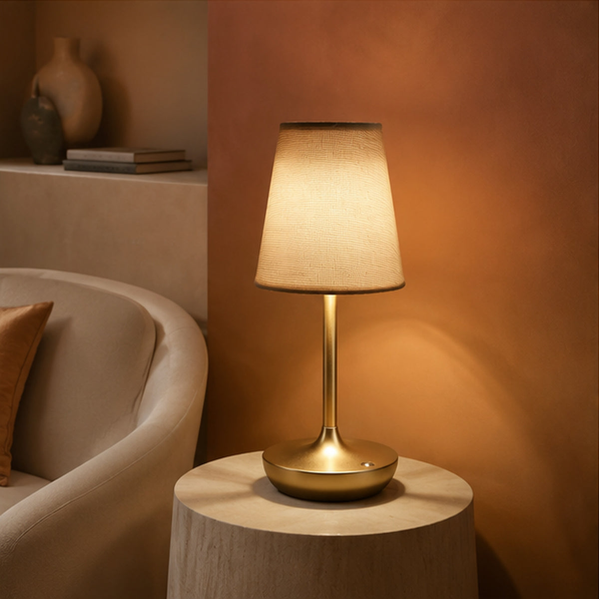 Lampe de chevet rétro dorée AMBRE, autre vue en situation