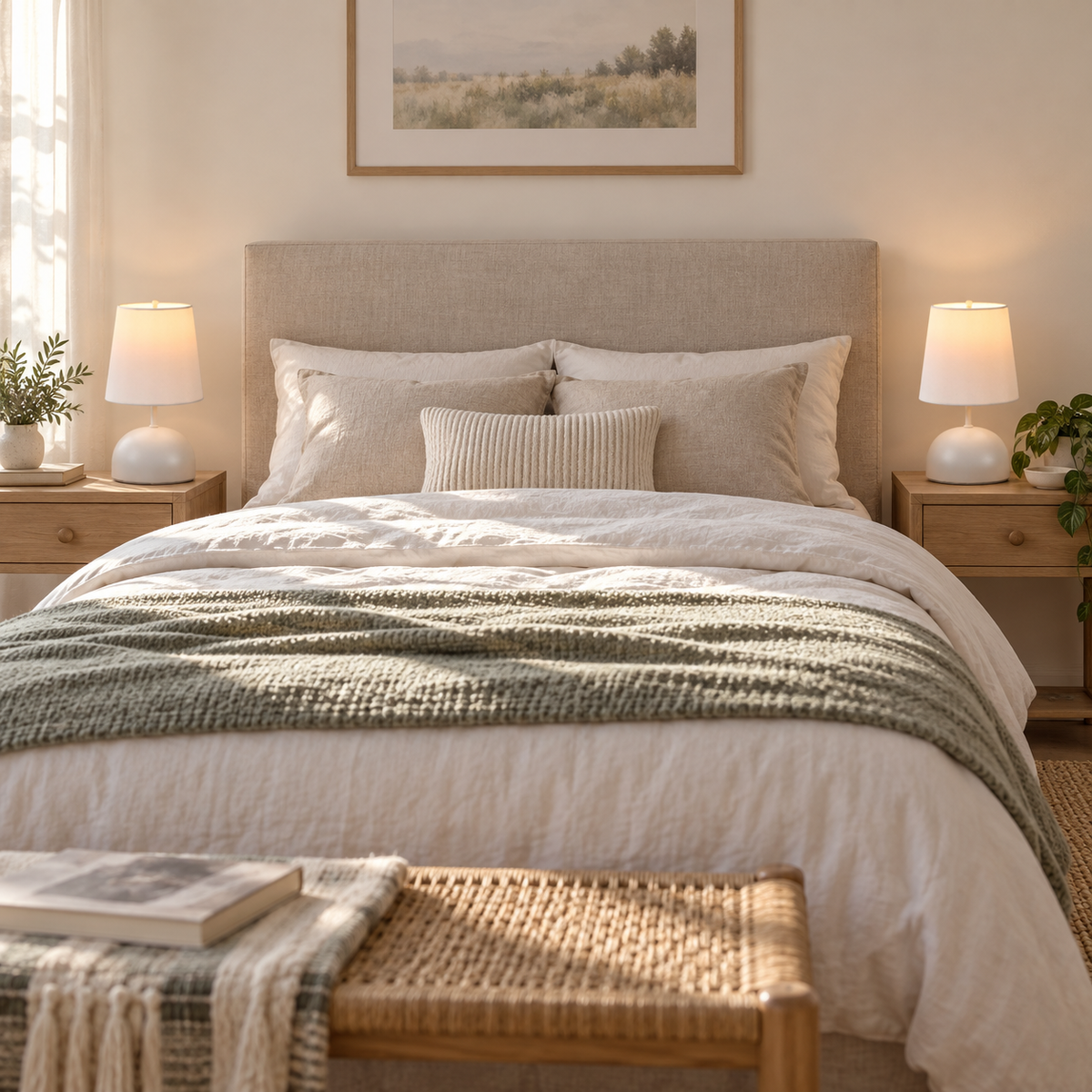 Duo de lampes de chevet blanches OPALE en situation dans une chambre