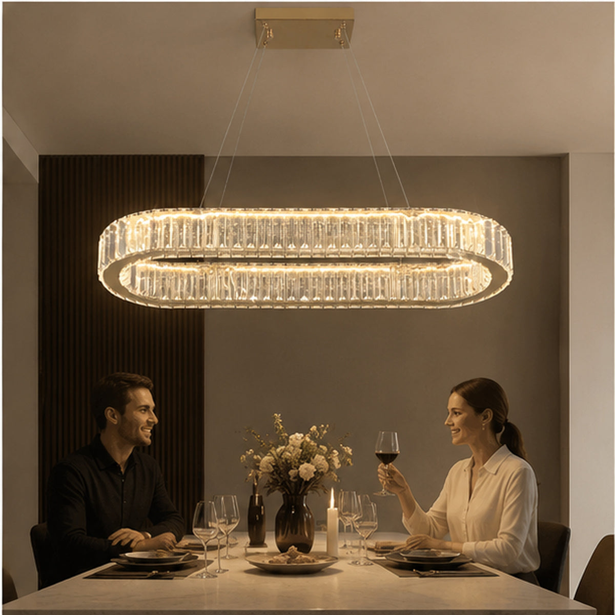 Lustre ovale en cristal chromé OVALE, vue de détail des pampilles