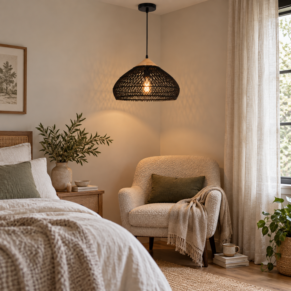 Suspension Rotin Noir Tressé Ø40 cm E27 — ÉBÈNE — mise en situation naturelle