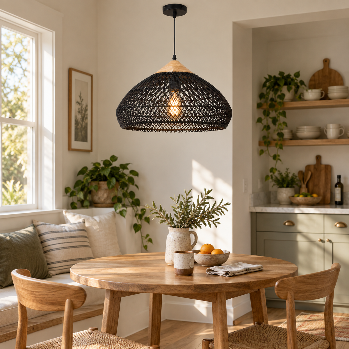 Suspension Rotin Noir Tressé Ø40 cm E27 — ÉBÈNE — mise en situation naturelle